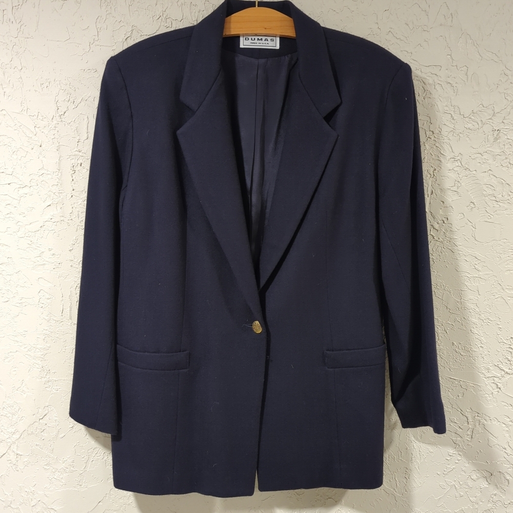 Dumas Vintage Navy Blue Wool Blazer Women's Size 16 Classic Office Basic Normal